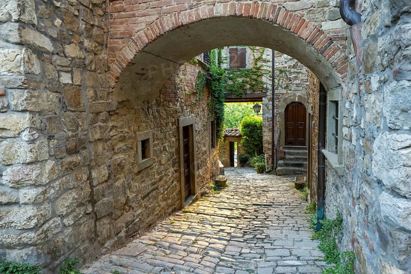 View of a little Street in the little wine town of Montefioralle, Chianti, Florence, Firenze, Tuscany, Italy, Europe