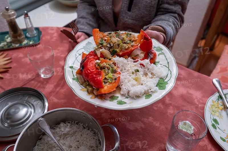Stuffed peppers with vegetables and rice on a plate, Bavaria, Germany, Europe