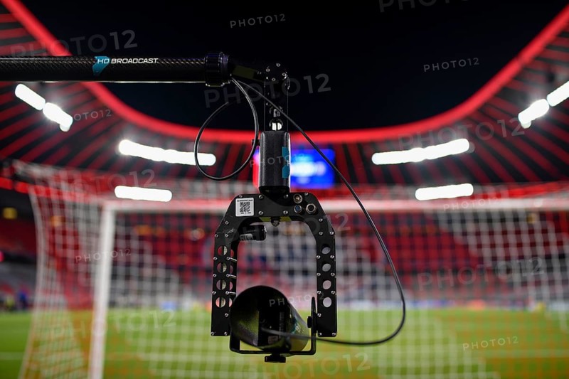 Backdoor camera, TV camera, HD BROADCAST, goal net, interior, Champions League, Allianz Arena, Munich, Bavaria, Germany, Europe