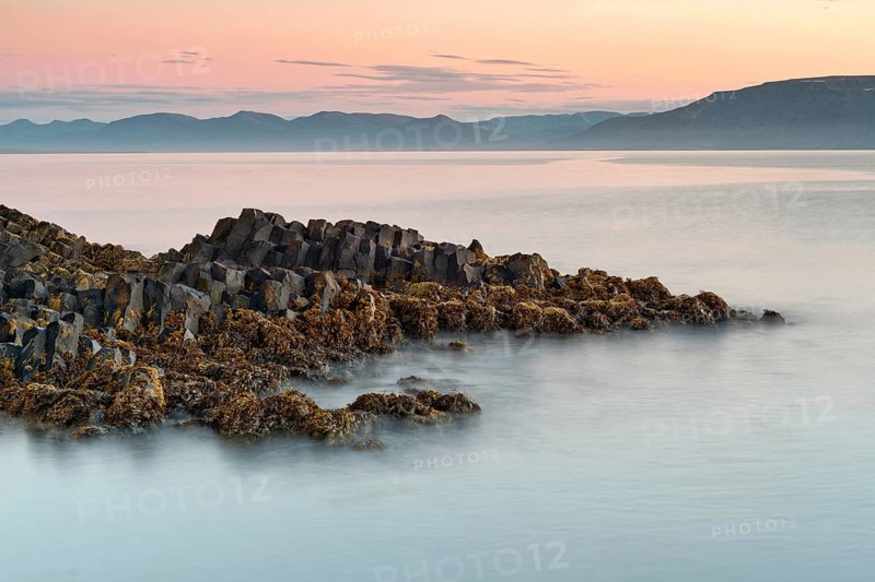 Basalt columns, columnar basalt, coast, long exposure, Hofsos or Hofsós, Skagafjörður, Norðurland, Iceland, Europe