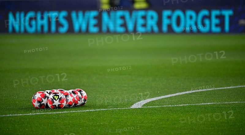 Adidas Football Pro 3rd match balls, lying on grass, behind them perimeter advertising NIGHTS WE NEVER FORGET Champions League, MHPArena, MHP Arena Stuttgart, Baden-Württemberg, Germany, Europe