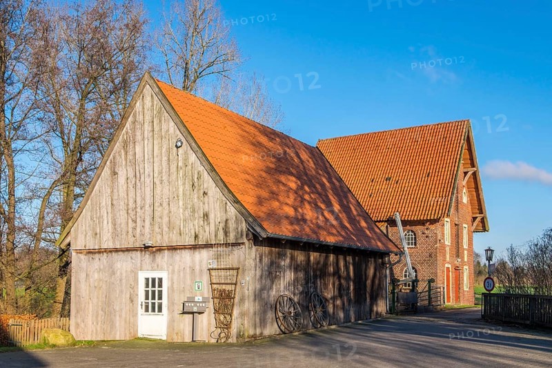 Düstermühle on the river Dinkel, watermill, Legden, district of Wehr, Münsterland, North Rhine-Westphalia, Germany, Europe