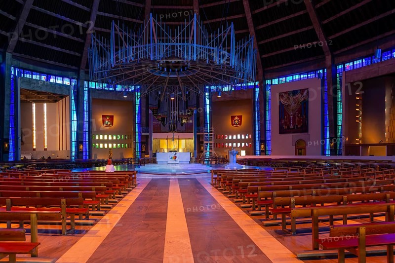 Modern interior of Roman Catholic cathedral church, Metropolitan Cathedral of Christ the King, city of Liverpool, England, UK