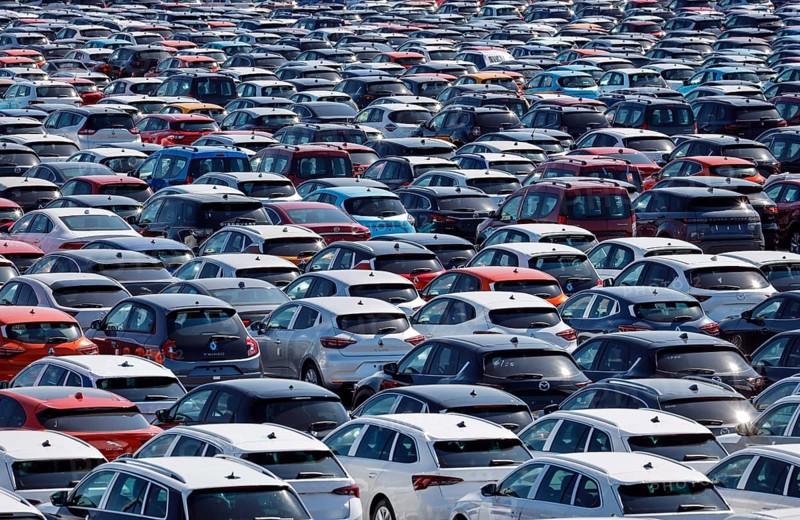 Duisburg, North Rhine-Westphalia, Germany - New cars, transhipment centre, car terminal in Duisburg harbour