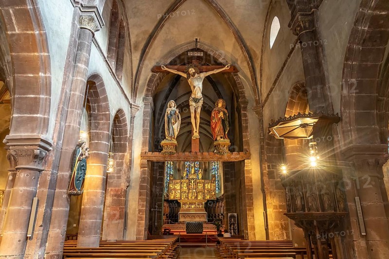 Interior of the Church of the Holy Cross Invention-de-la-Sainte-Croix in Kaysersberg, Alsace, France, Europe