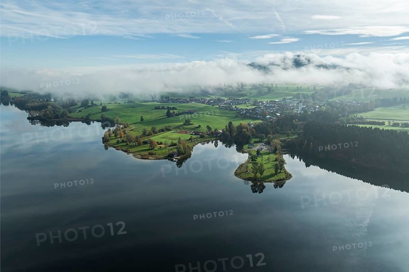 Sports facility and bathing area, lake Rottachsee, village Petersthal, mountains covered with fog, autumn, aerial view, Allgaeu, Bavaria, Germany, Europe