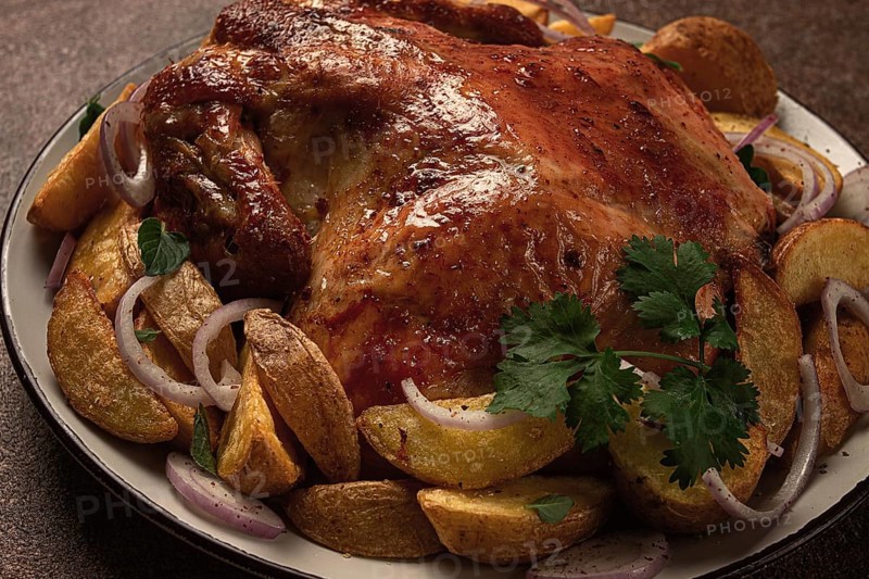 Fried, baked chicken, in the oven, with spices, and rustic potatoes, top view, homemade
