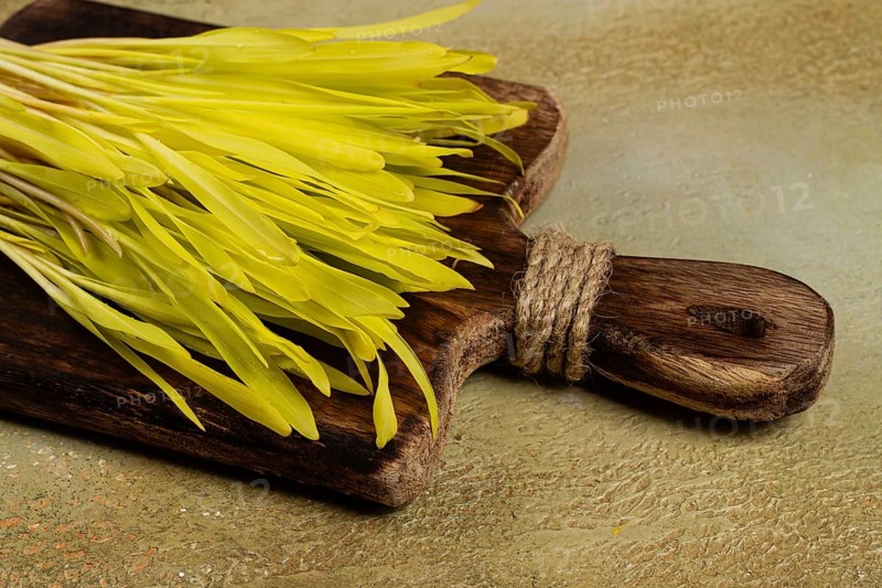 A microgrown corn, a bouquet on a cutting wooden board, no people