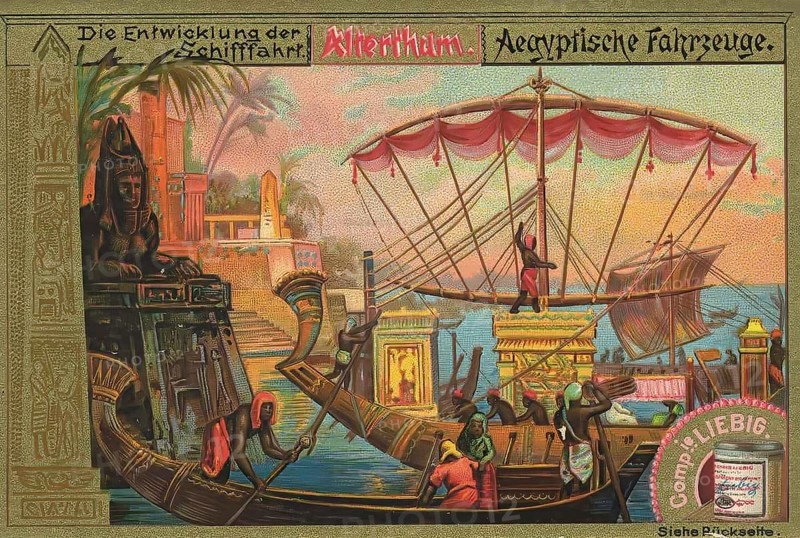 Picture series The development of navigation, Egyptian ships, Liebig picture, digitally restored reproduction of a collector's picture from ca 1900, public domain, exact date unknown, antique Egyptian ships and figures at a river in a decorative frame