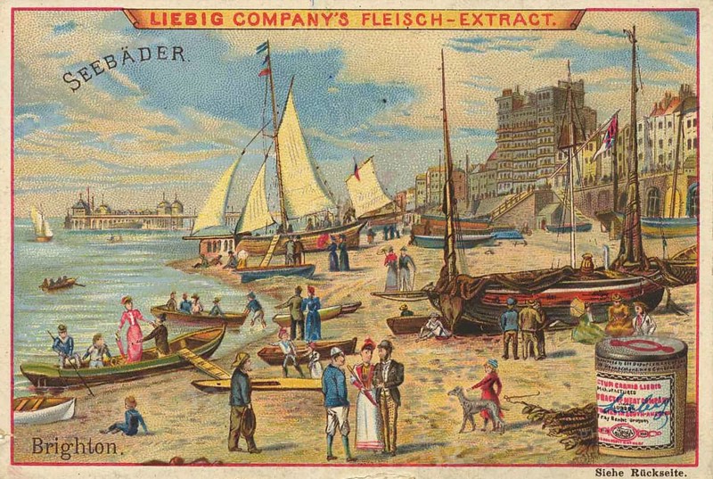 Picture series famous seaside resorts, Brighton in England, Liebig picture, digitally restored reproduction of a collector's picture from around 1900, public domain, exact date unknown, beach scene in Brighton with sailing boats and a lively beach promenade, depicted in nostalgic advertising