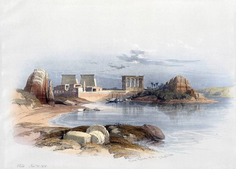 Philae Island in the Nile, Nubia, Philae, formerly also Bilaq, Pilak or Pelak was an island flooded by the reservoir of the old Aswan Dam in the Egyptian Nile Valley, Egypt, around 1850, Historical, digitally restored reproduction from a 19th century original, exact date unknown, Africa