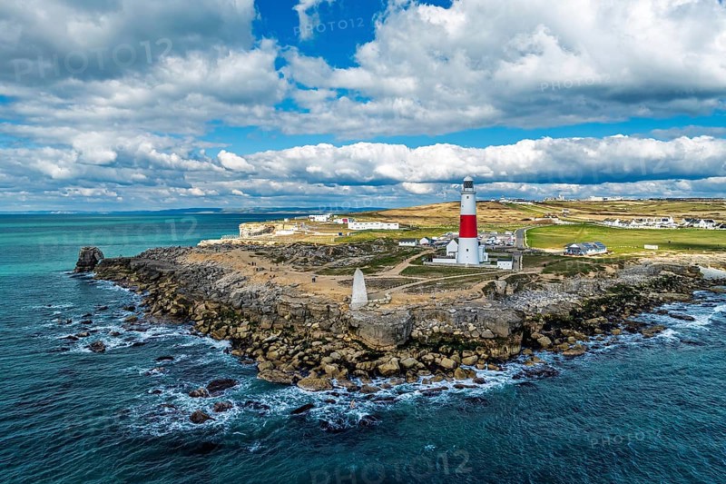 Portland Bill Lighthouse from a drone, Portland Bill, Isle of Portland, Dorset, England, United Kingdom, Europe