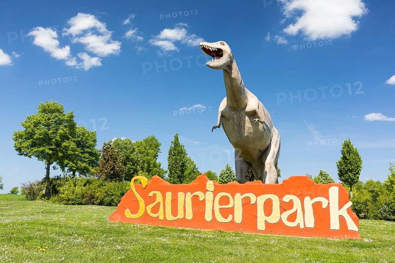 Figure of a dinosaur at the entrance to the amusement park, Saurierpark Kleinwelka, Bautzen, Saxony, Germany, Europe