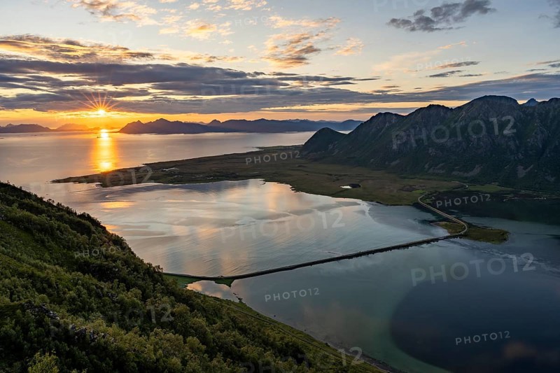 Fjord and mountains of the island Austvågøya, Grunnførfjorden, Lofoten, Norway, Europe
