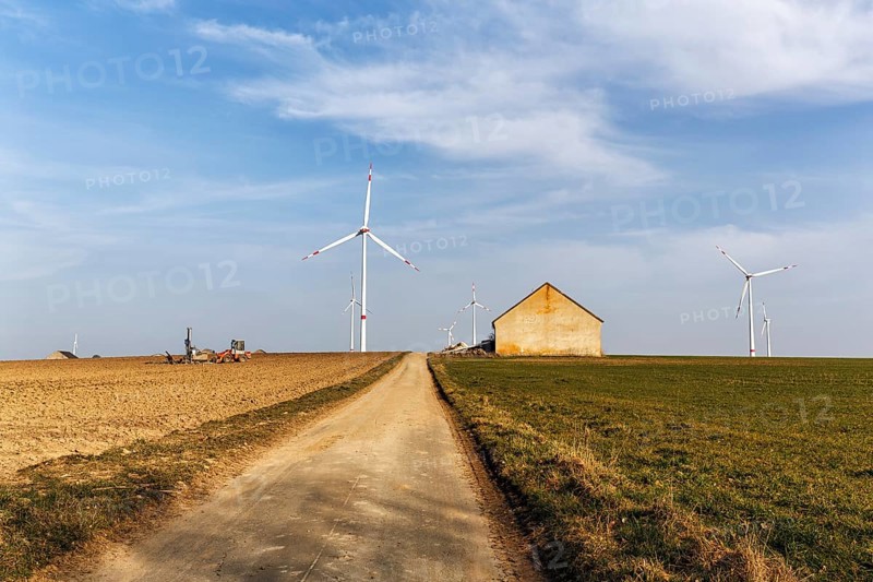 Barn in a meadow, field, wind turbine, Willebadessen, Höxter, Teutoburg Forest Eggegebirge nature park Park, Germany, Europe