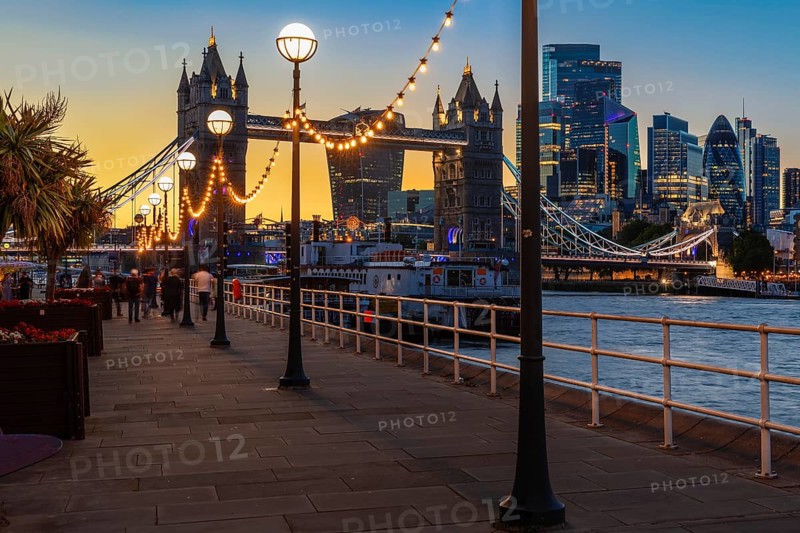 View of Tower Bridge and the London skyline from Butlers Wharf, England, Great Britain, London, South England, United Kingdom, Europe