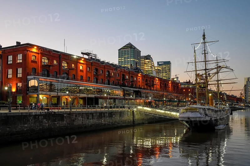 Museum ship ARA Uruguay in the harbour district of Puerto Madero in the evening, Buenos Aires, Argentina, South America