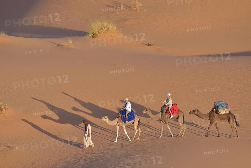 Tourists riding on camels in the dunes, Great Sand Sea, Sahara, Merzouga, Meknès-Tafilalet region, Morocco, Africa