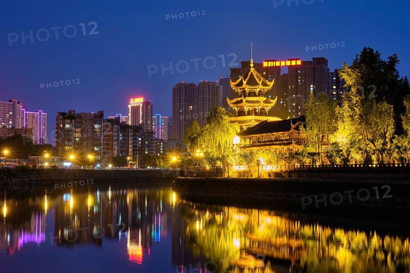 Wangjiang Pavilion Park (Wangjianglou Park) view over Jinjiang River, Chengdu, Sichuan, China illuminated at night