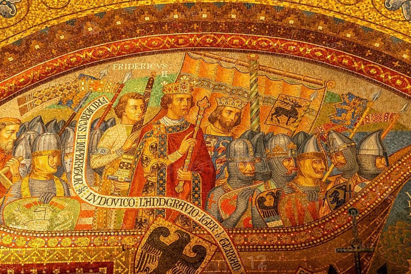 Glass mosaic of the Elisabeth Bower, medieval woman's chamber in the Wartburg in Eisenach, Thuringia, Germany, Europe