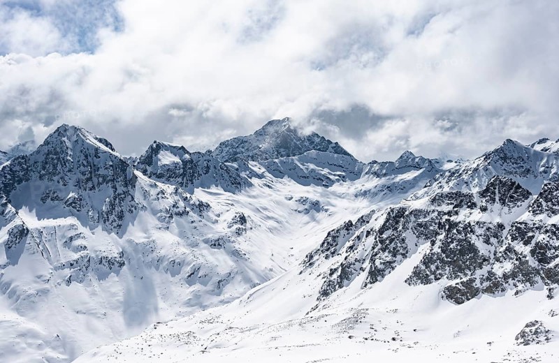 View at the summit of Piz Laviner, mountain panorama in winter, mountain landscape with mountain peaks Piz Bever and Piz Julier, Grisons Haute Route, Albula Alps, Rhaetian Alps, Grisons, Eastern Switzerland, Switzerland, Europe