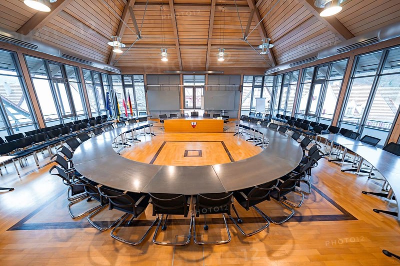 Large, modern conference room with wooden ceiling and large windows, equipped with table and chairs, Nagold Town Hall, Black Forest, Germany, Europe