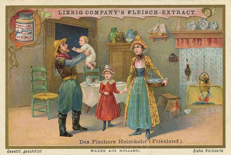 Picture series Pictures from Holland, Homecoming of the Fisherman in Friesland, Liebig picture, digitally restored reproduction of a collector's picture from around 1900, public domain, exact date unknown, A family in traditional dress welcomes the father home. A child is held in the arms
