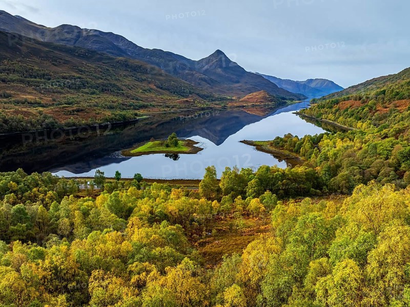 Fjord, coast, mountain landscape, reflection, island, autumn, autumn colours, aerial view, Loch Leven, Scotland, Great Britain