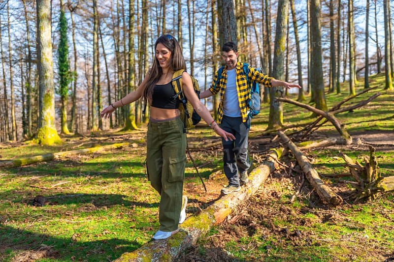 Hikers with backpacks carefully balancing on fallen tree trunk while enjoying hike through sunny forest