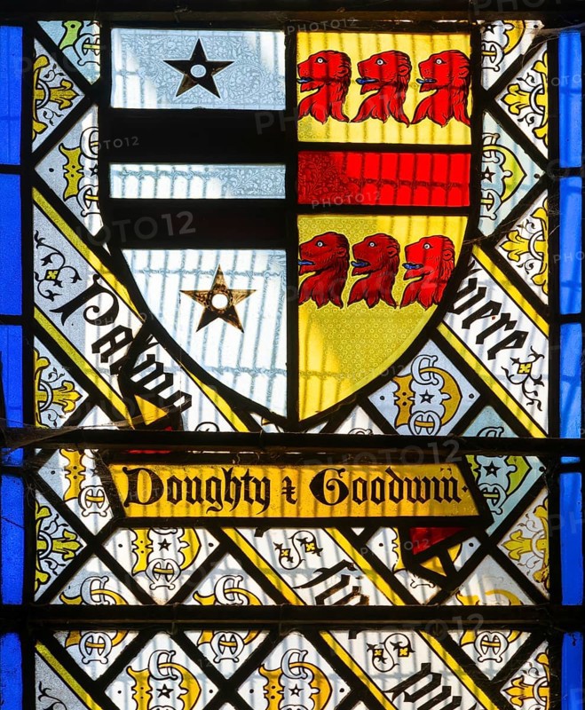 Stained glass window Doughty family crest by Thomas Willement c 1843, Theberton church, Suffolk, England, UK