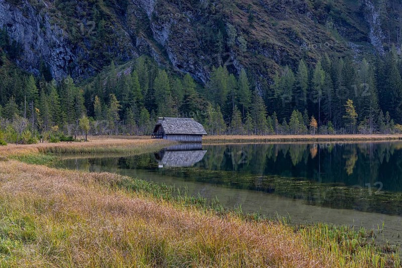 Boatshelter at Lake Stappitz in first morning light, Seebach valley, Mallnitz, Carinthia, Austria, Europe