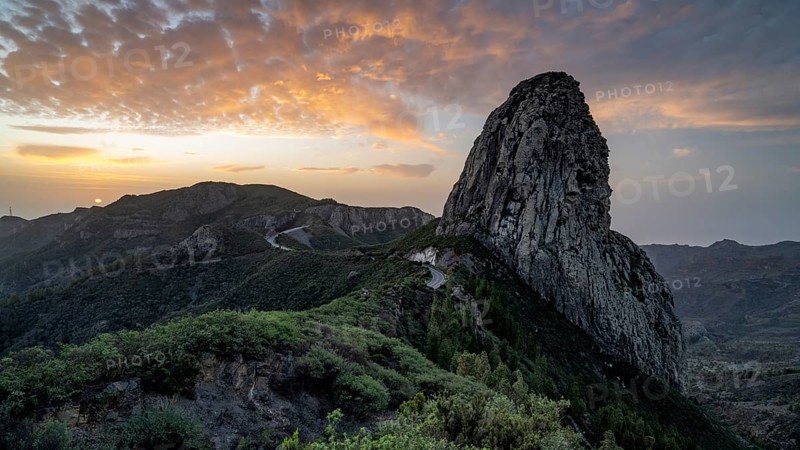 Roque de Agando rock tower at sunrise, Monumento Natural de los Roques, La Gomera, Canary Islands, Spain, Europe