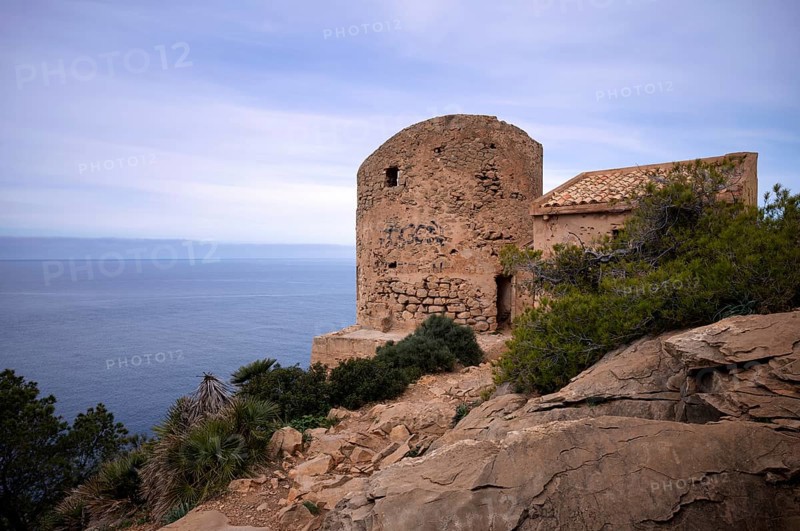 Torre de Cala en Basset (also Torre de la Rabassada), watchtower from the late 16th century, Tramuntana Mountains, Serra de Tramuntana, Sant Elm, San Telmo, Andratx, Majorca, Balearic Islands, Balearic Islands, Spain, Europe
