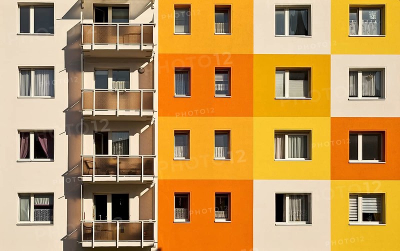 Geometrically and colourfully designed apartment buildings of a housing association, Halberstadt, Saxony-Anhalt, Germany, Europe