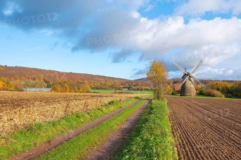 View of the Eisbergen windmill or Röckemann's mill, Porta Westfalica, Minden Lübbecke district, Weserbergland, North Rhine-Westphalia, Germany, Europe