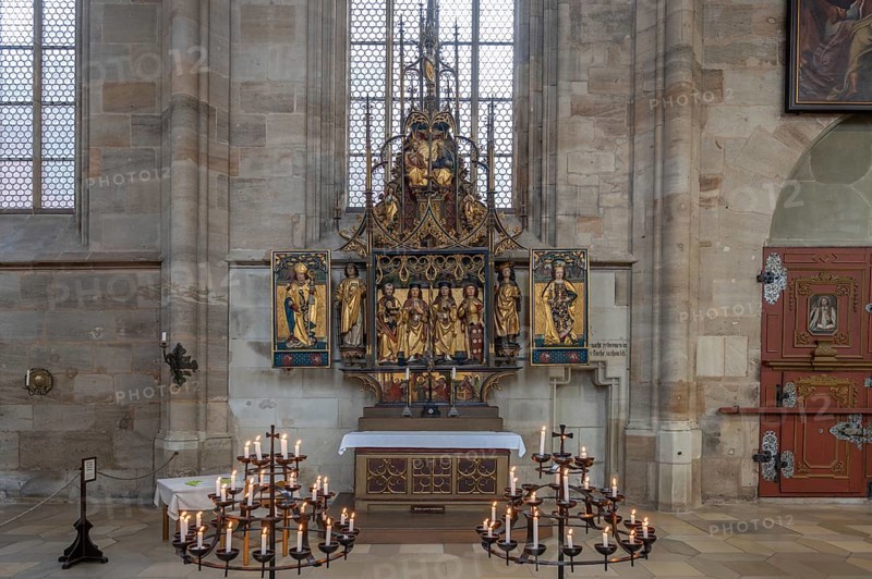 Trinity altar from 1470 in the late Gothic hall church of St George, Dinkelsbühl, Bavaria, Germany, Europe