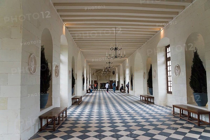 Daylight-flooded hall with vaulted ceilings and geometric tile patterns, gallery, Chenonceau Castle, Château de Chenonceau, moated castle, Chenonceaux, Indre-et-Loire, Centre-Val de Loire, France, Europe