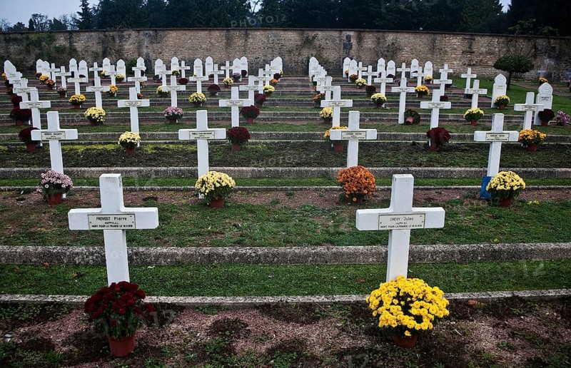 Military cemetery at the time of the Day of the dead. Tombs of french soldiers who died during the WWI, France, Europe