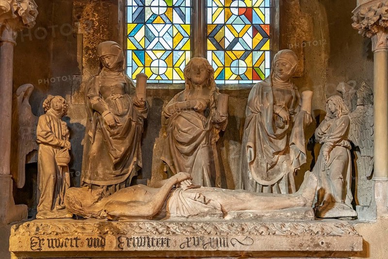 Holy Sepulchre made of stone in the interior of the Church of the Holy Cross Invention-de-la-Sainte-Croix in Kaysersberg, Alsace, France, Europe
