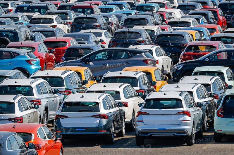 Duisburg, North Rhine-Westphalia, Germany - New cars, transhipment centre, car terminal in Duisburg harbour