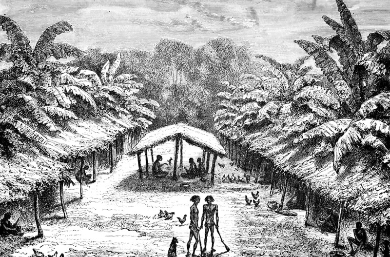 Native village on the Gabon River, open huts, people sitting in the shade, tropical climate, palm trees, colonial era, historical illustration 1886