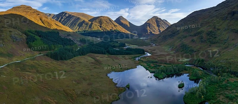 Mountains reflected in lake, morning light, sunny, autumn, aerial view, panorama, Lochan Urr, Glen Etive, Scottish Highlands, Scotland, Great Britain