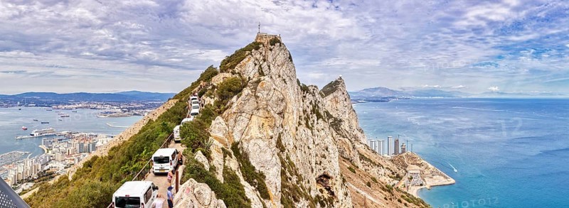 Panoramic view of a rock over the sea and cityscape, Gibraltar, Europe