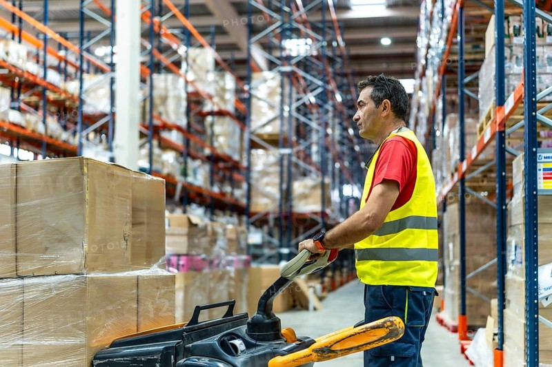 Side view of a mature man working in full warehouse moving boxes with low lift forklift
