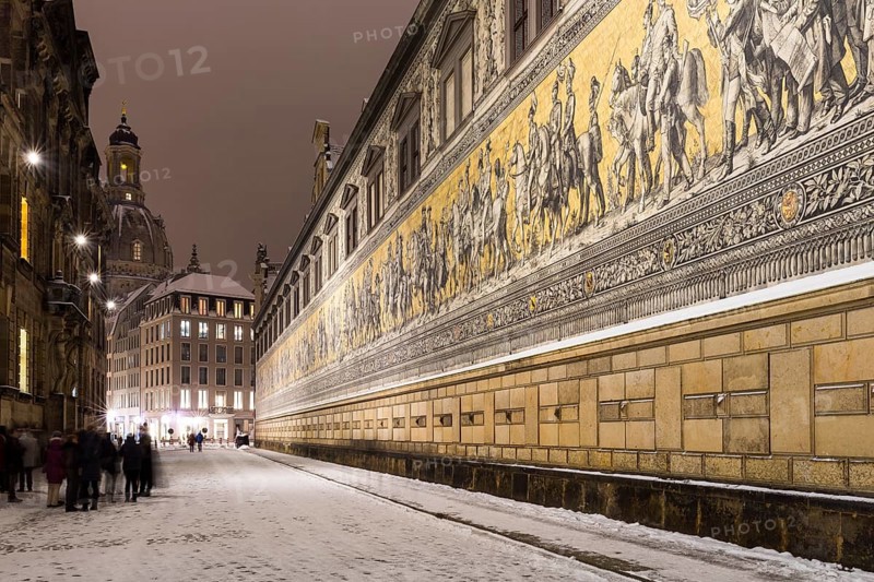 Augustusstraße with procession of princes, in the background the Frauenkirche, snow, night shot, Dresden, Saxony, Germany, Europe