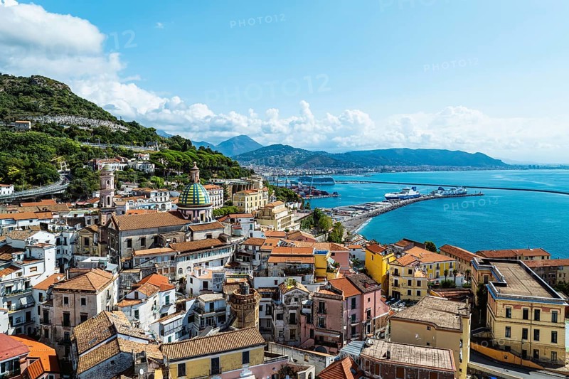 Vietri sul Mare from a drone, Amalfi Coast, Salerno, Campania, Italy, Europe