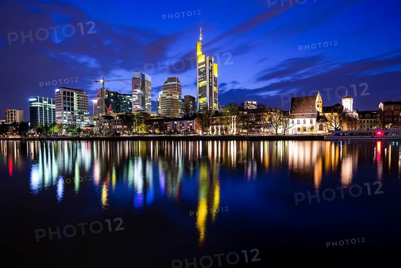 Skyline and banking district after sunset, Daemmerung, Tower 185, Commerzbank, HelaBa, Hessische Landesbank, Frankfurt am Main, Hesse, Germany, Europe