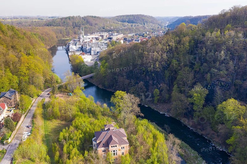Zschopau with WEPA paper mill in Kriebethal, Kriebstein, Saxony, Germany, Europe