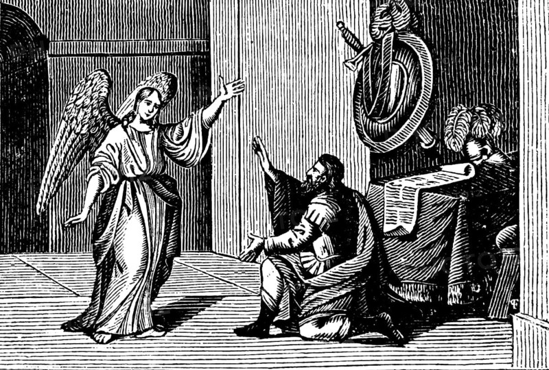 The pious soldier Captain Cornelius of Caesarea is referred by an angel to the Apostle Peter, Baptism of Cornelius, interior, sword and shield, paper scroll, table, New Testament, history of the apostles, woodcut, historical illustration, Christoph Schmid's Biblical History 1831