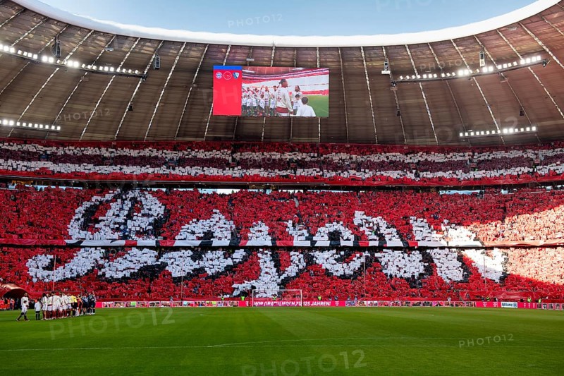 Choreo, choreography, fan action lettering Bayern, north curve, anniversary 125 years FC Bayern Munich FCB, Allianz Arena, Munich, Bavaria, Germany, Europe